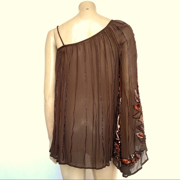 Vintage Brown Chiffon Off Shoulder One Sleeve Top - Picture 4 of 12